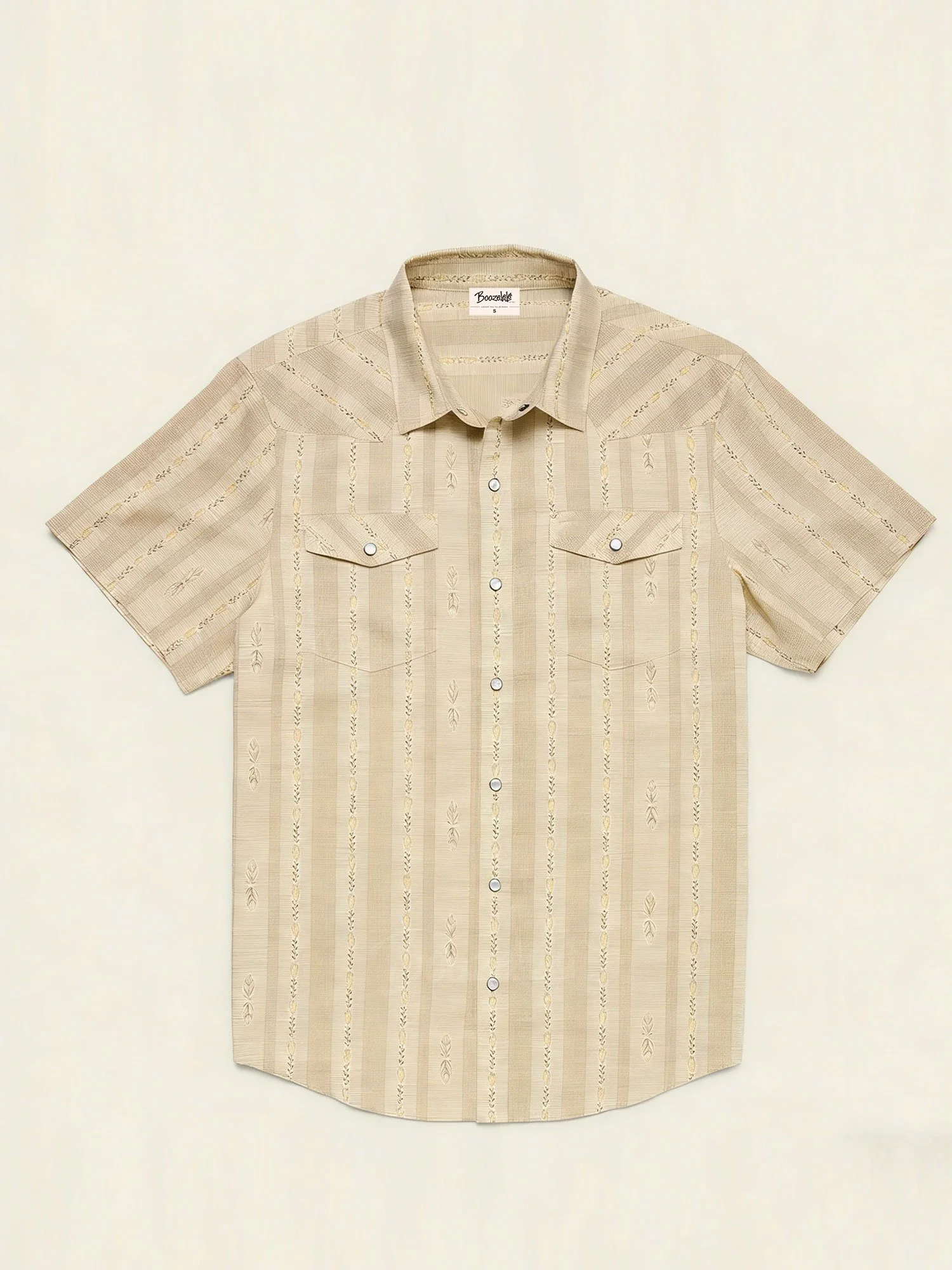Men's Vintage Western Beige Leaf Short Sleeve Shirt