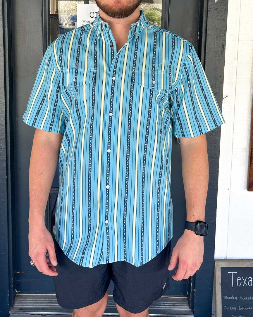 Men's Casual Retro Blue Stripe Print Short Sleeve Lapel Shirt