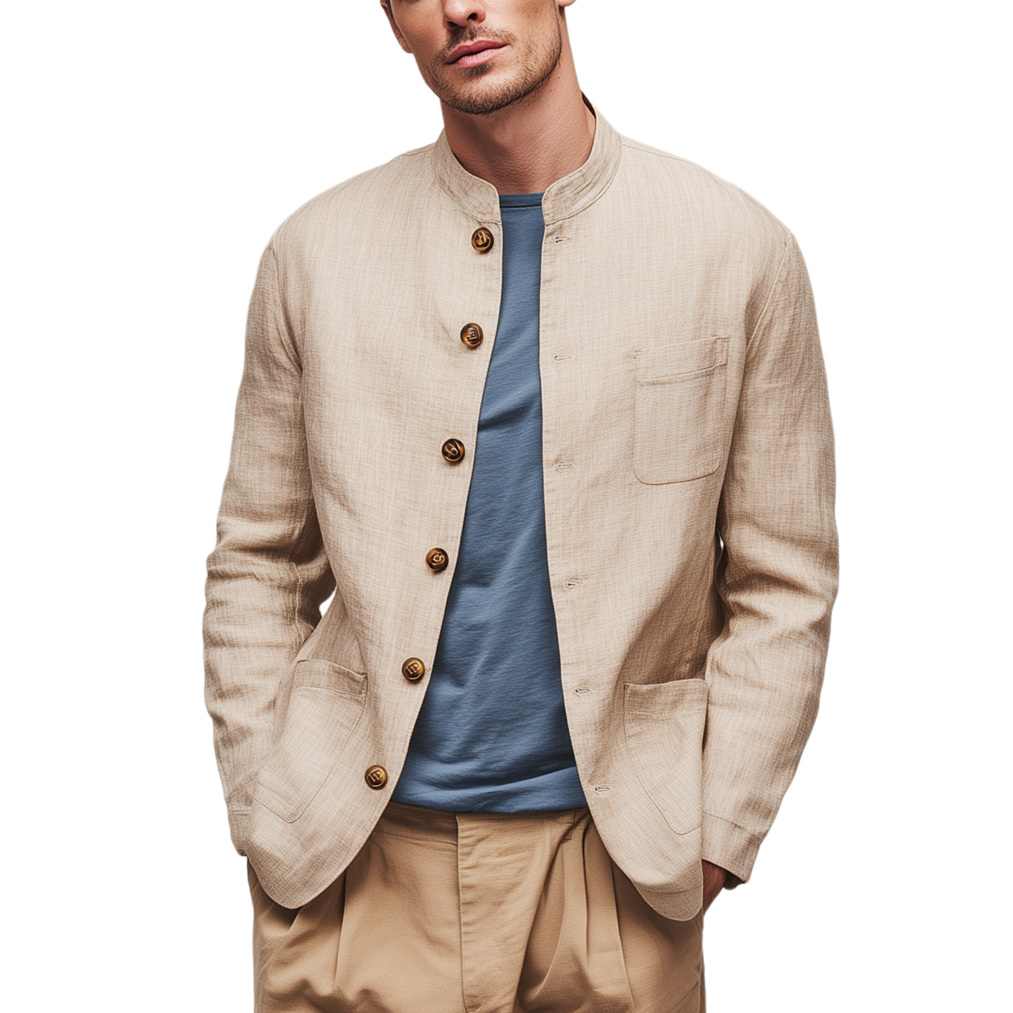 Men's Classic Retro Casual Cotton And Linen Blend Stand Collar Multi-pocket Jacket MTA0184H4K