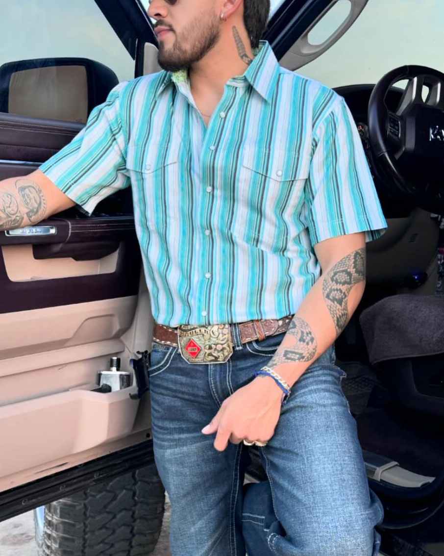 Men's Casual Retro Blue Striped Short Sleeve Shirt