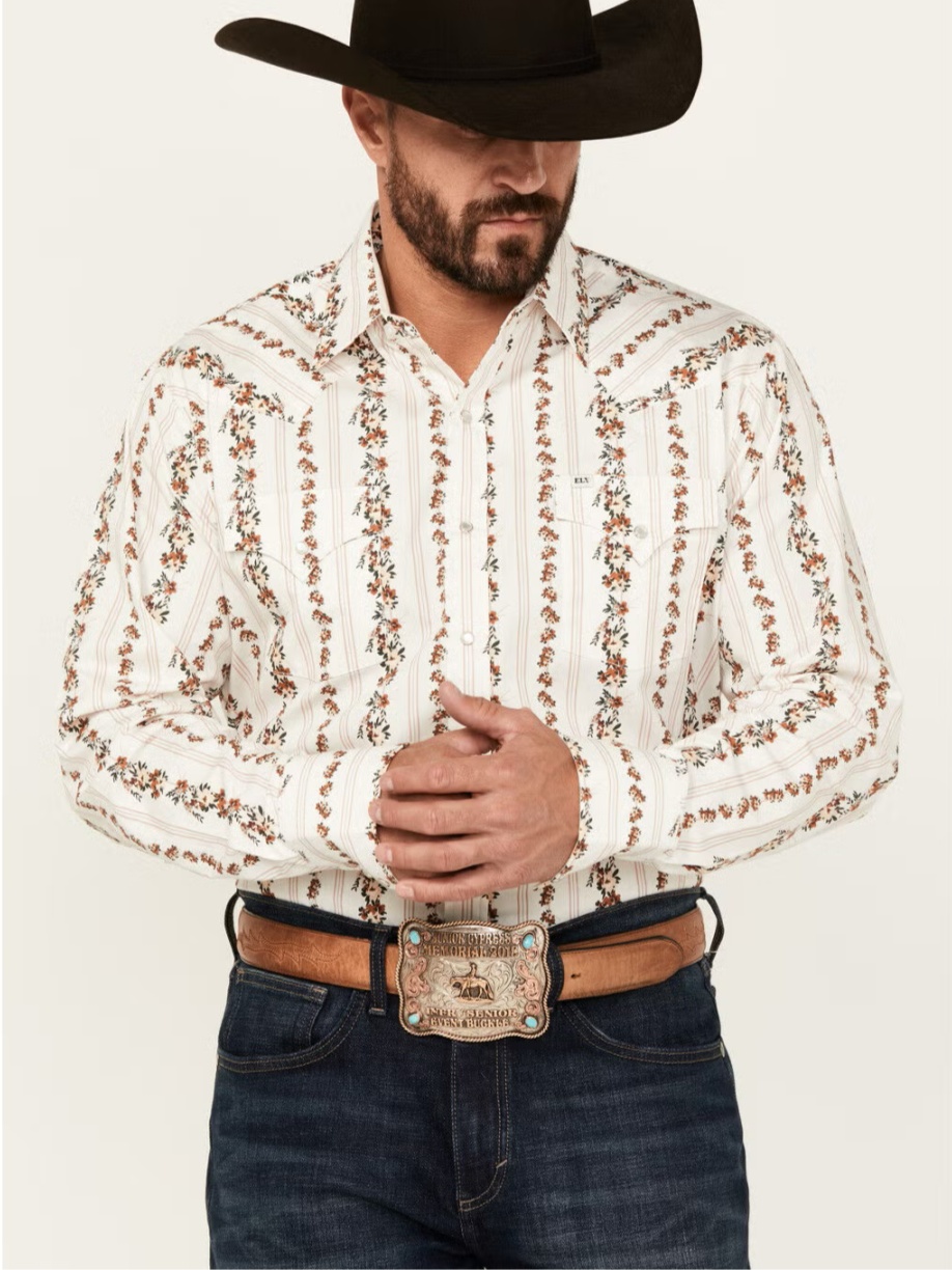 Floral Striped Pearl Snap Western Long Sleeve Shirt