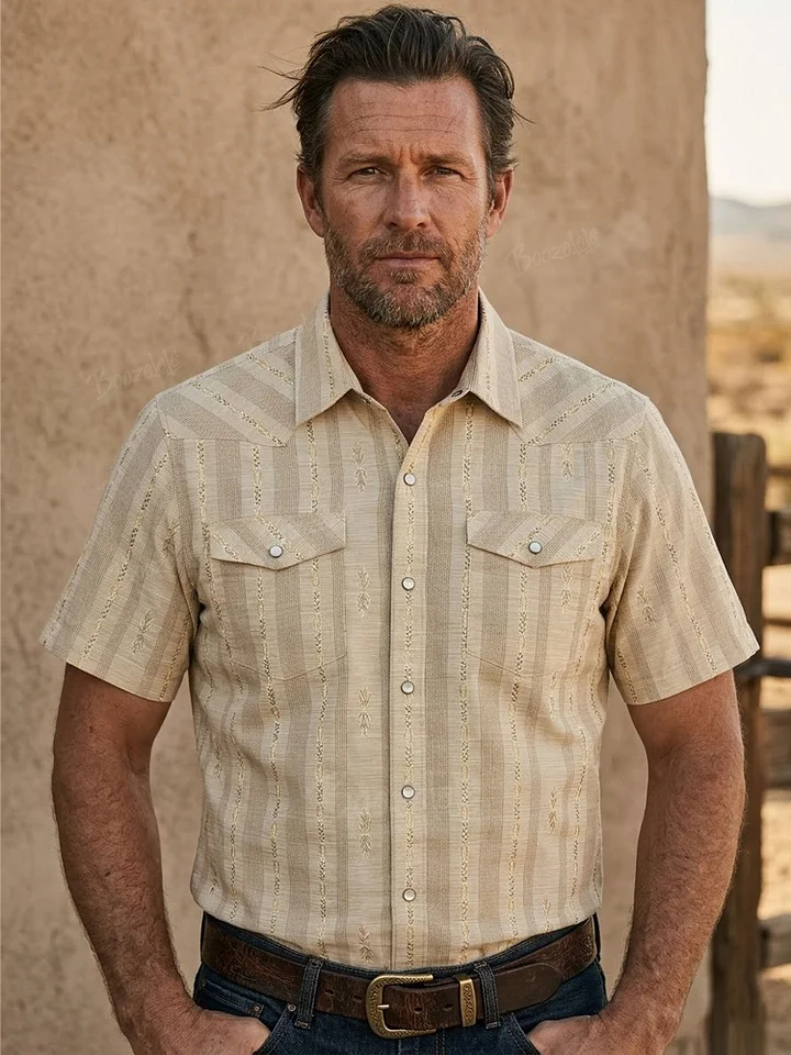 Men's Vintage Western Beige Leaf Short Sleeve Shirt