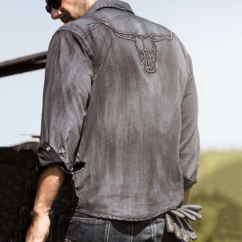Men'S Vintage Back Embroidered Bull Head Print Shirt