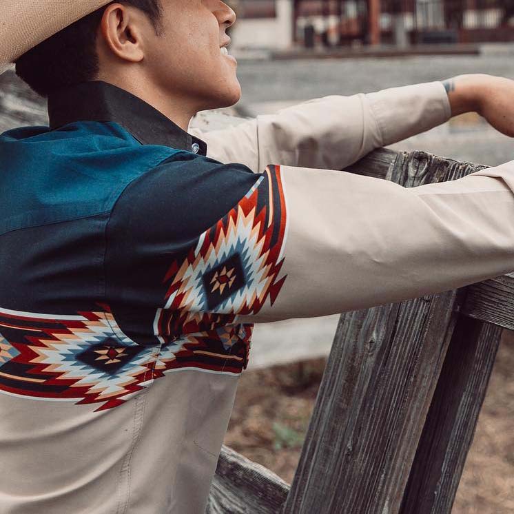 Men's Casual Lapel Khaki Western Print Shirt