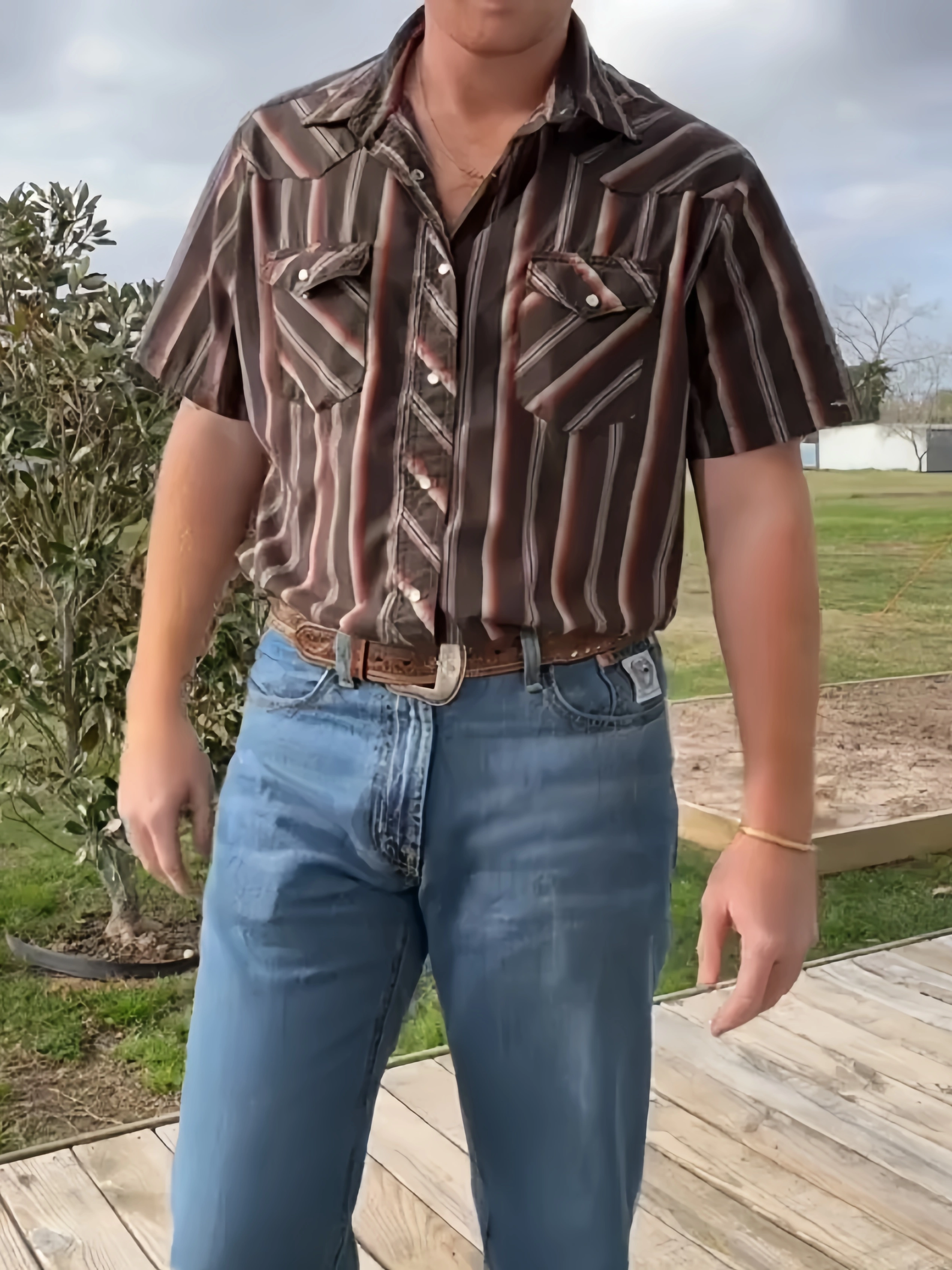 Men's Casual Retro Brown Striped Printed Long Sleeved Lapel Shirt