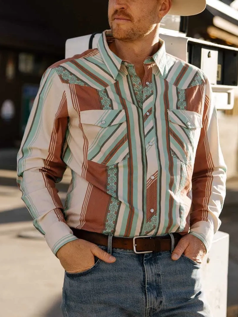 Men's Casual Vintage Green Stripe Print Long Sleeve Lapel Shirt