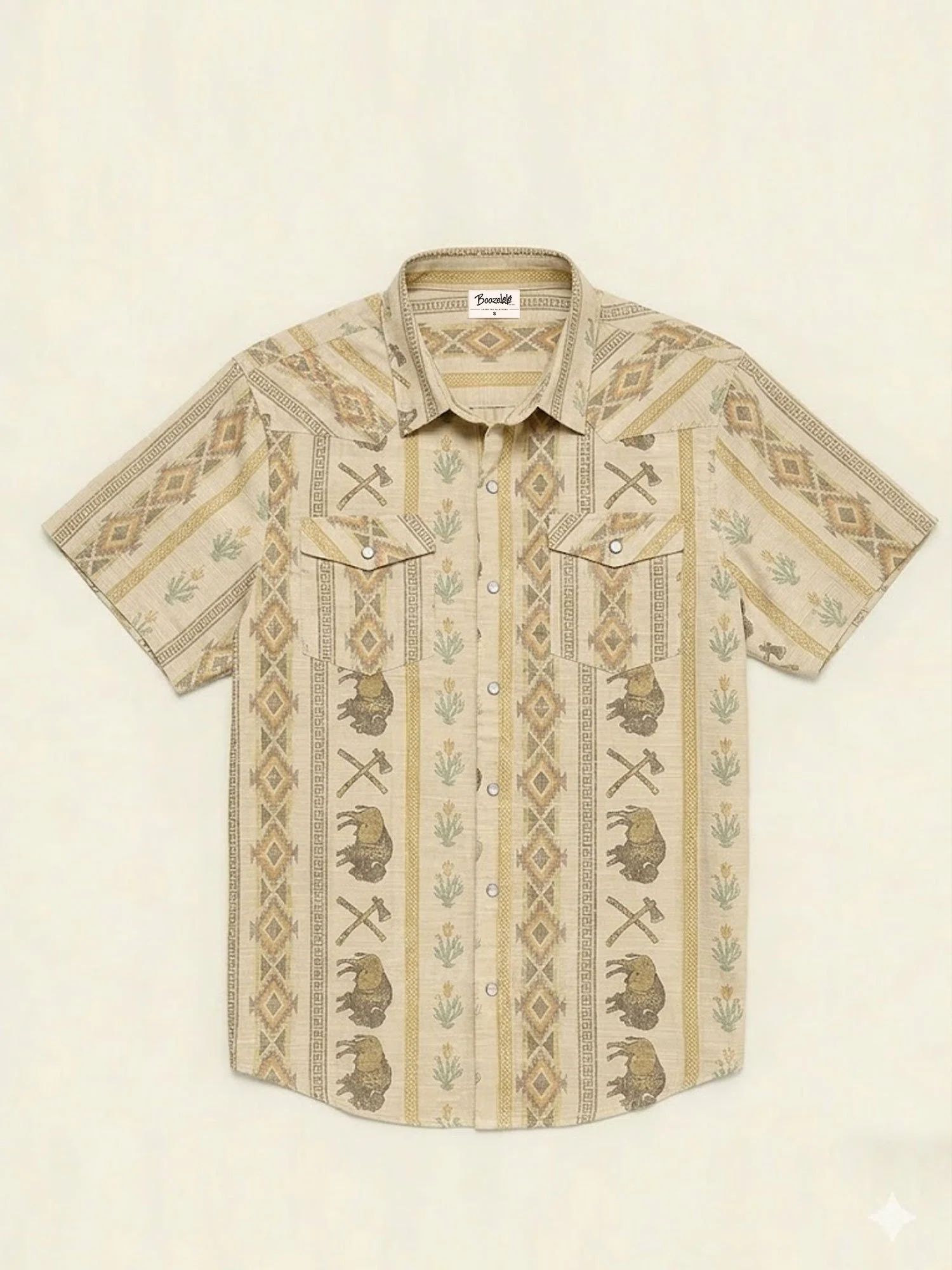 Men's Vintage Western Bear & Axe Print Short Sleeve Shirt