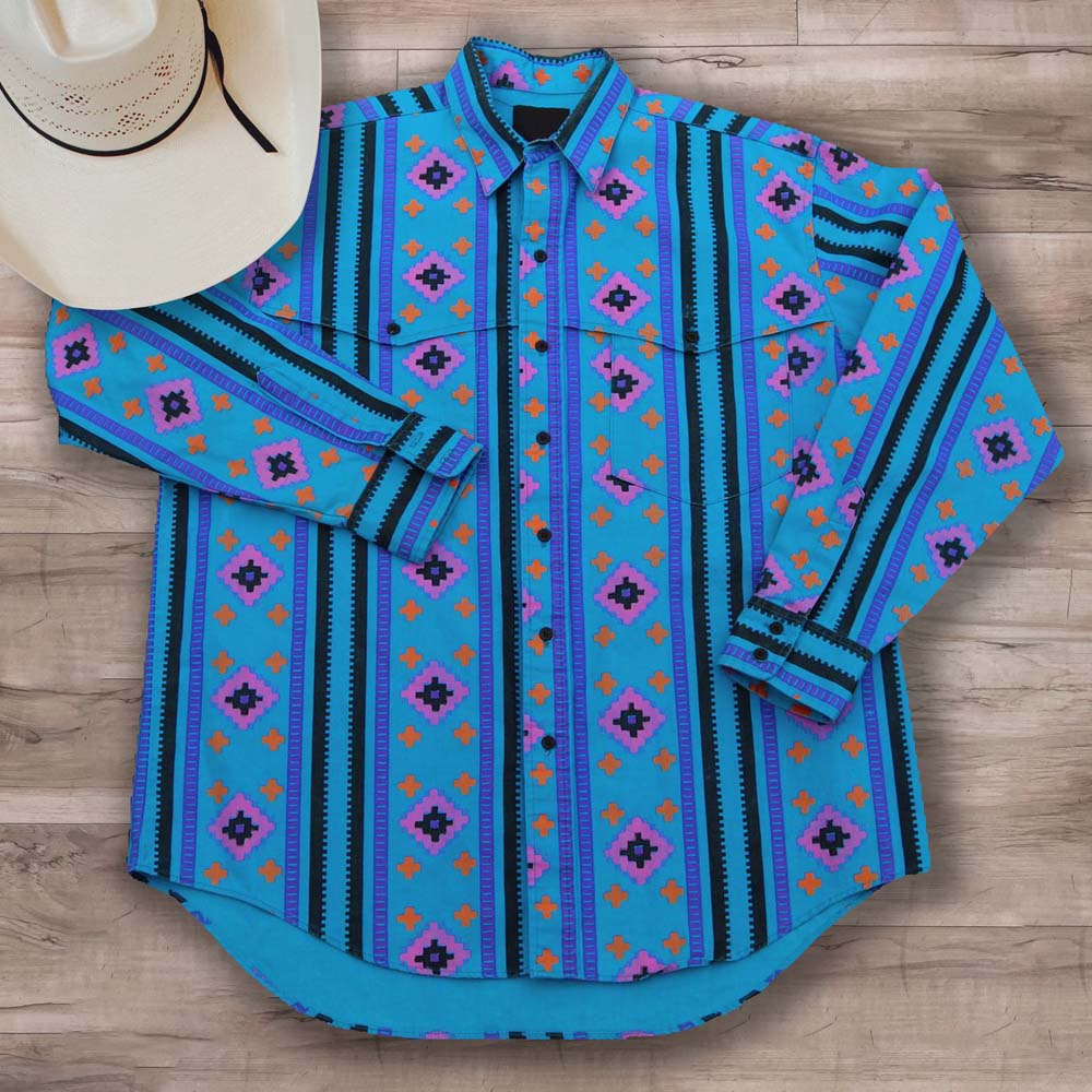 Men's Casual Western Blue Print Striped Shirt