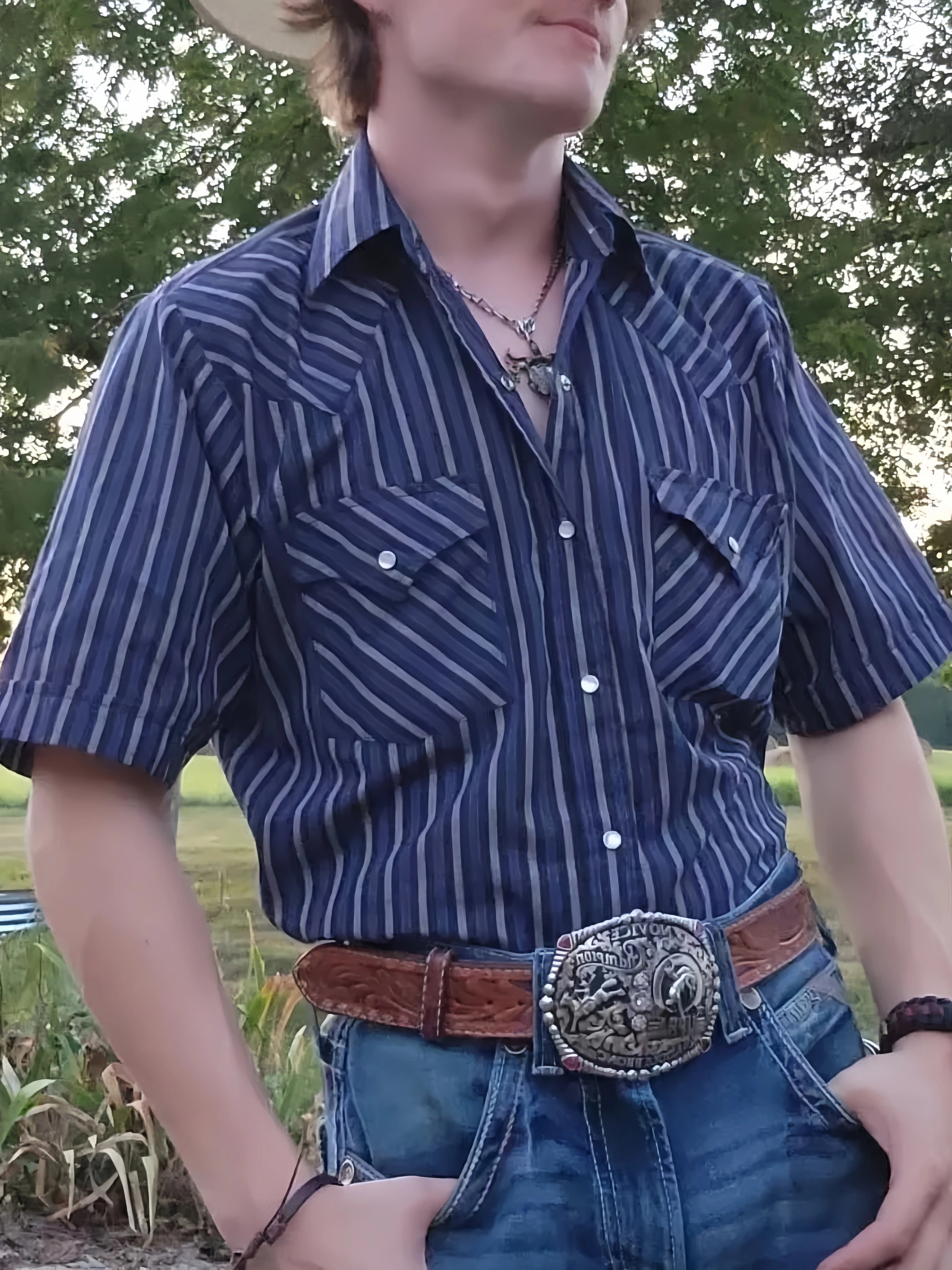 Men's Casual Retro Blue Striped Short Sleeve Shirt