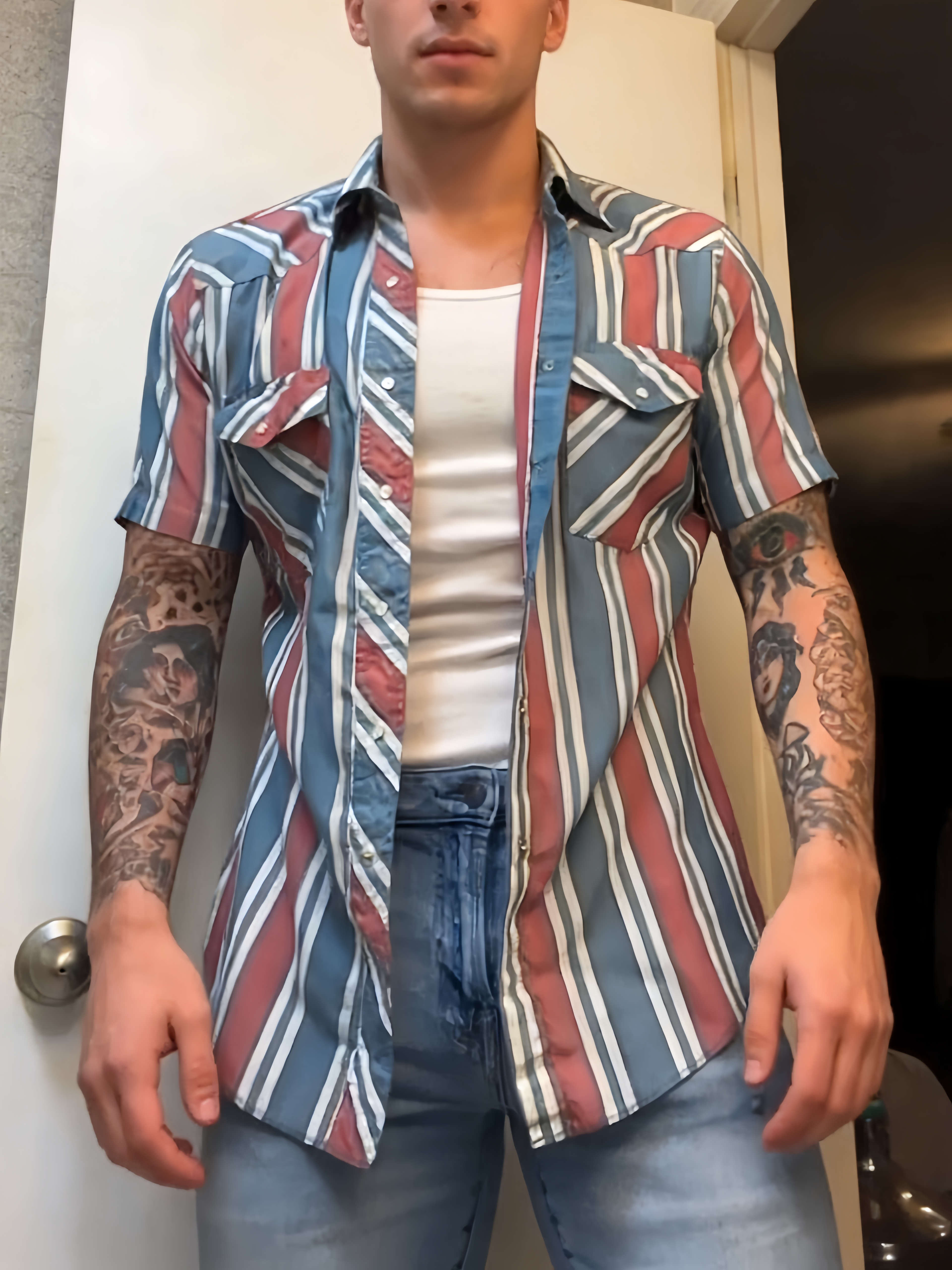 Men's Casual Retro Blue Striped Short Sleeve Shirt