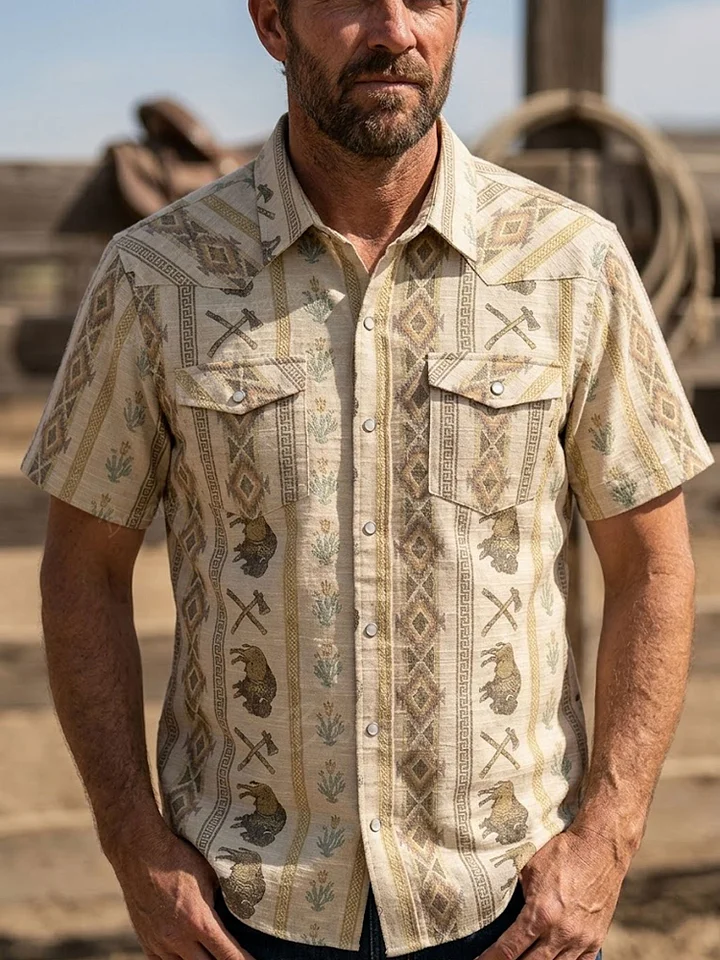 Men's Vintage Western Bear & Axe Print Short Sleeve Shirt
