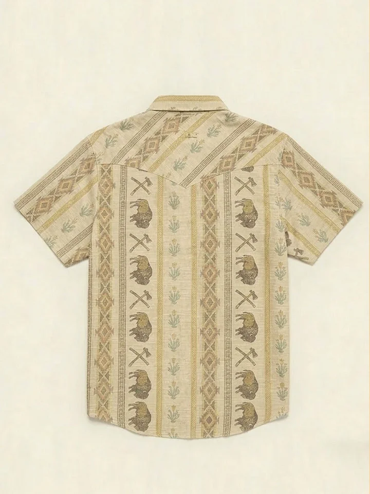 Men's Vintage Western Bear & Axe Print Short Sleeve Shirt