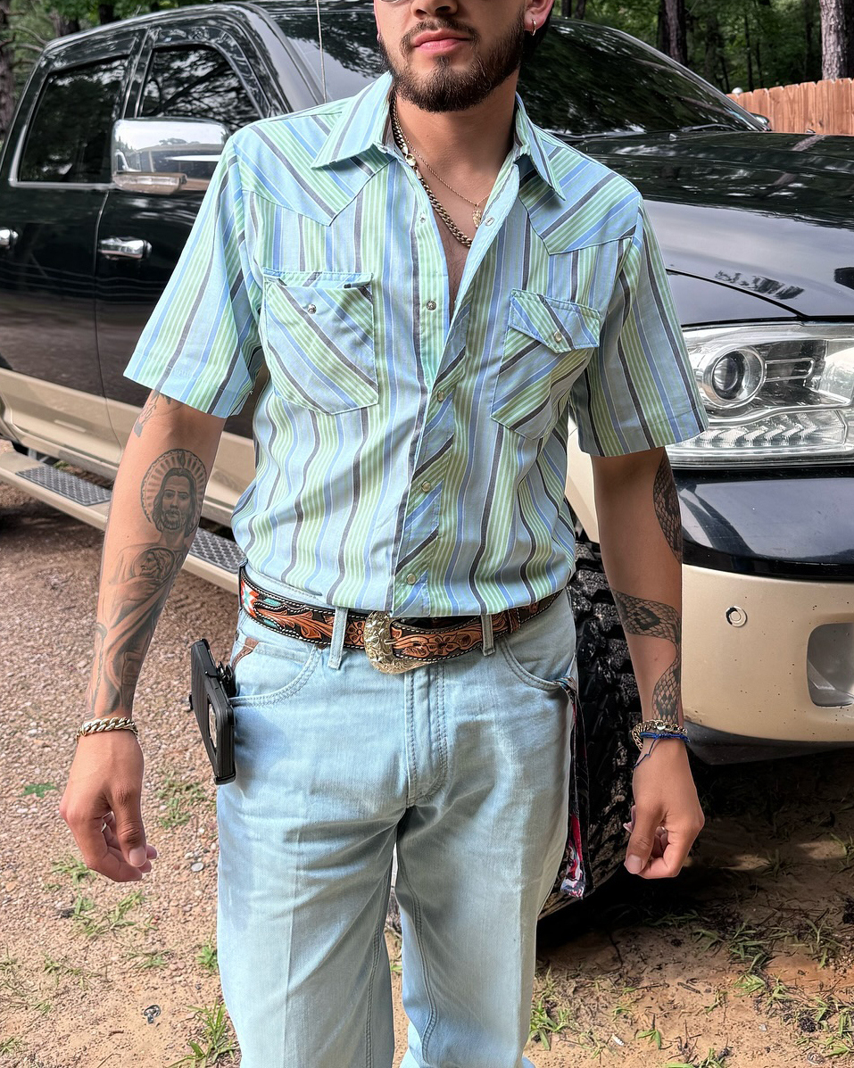 Men's Casual Retro Blue Green Striped Short Sleeve Shirt