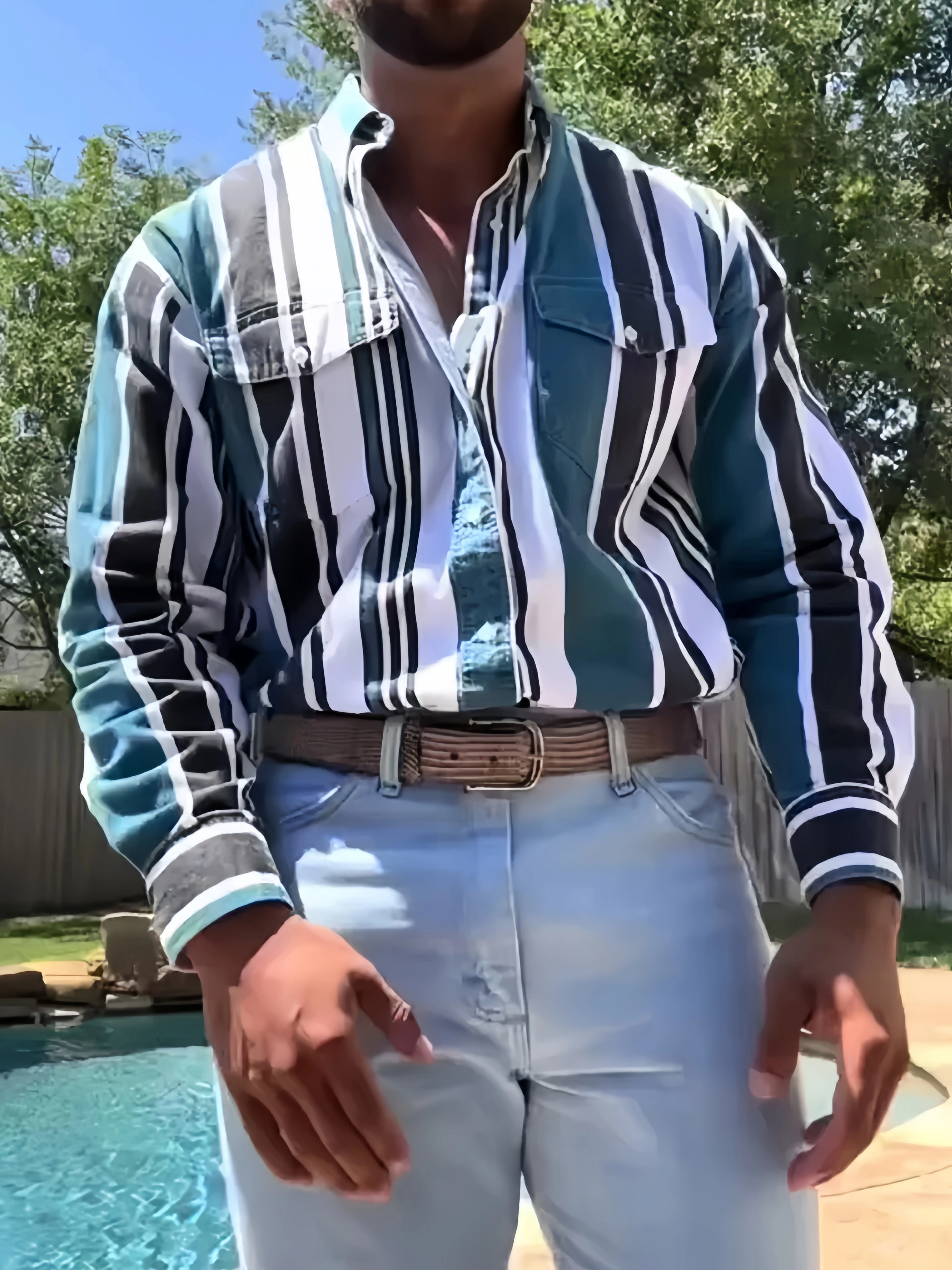 Men's Casual Retro Blue Striped Print Long Sleeve Lapel Shirt