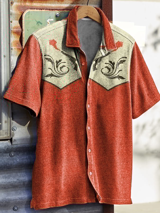 Men's Vintage Western Skull Floral Print Linen Shirt