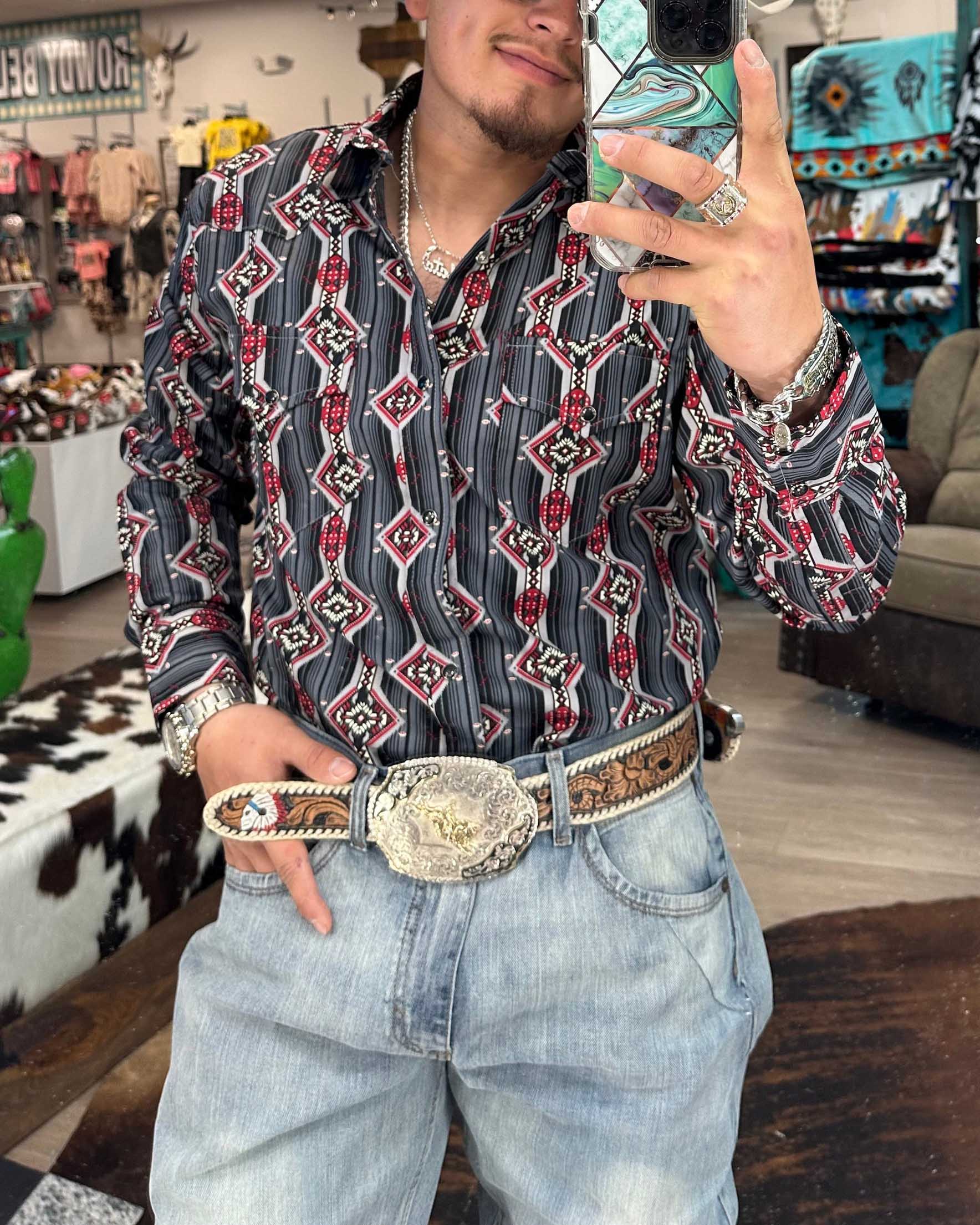 Men's Casual Retro Western Cowboy Stripe Print Long Sleeve Shirt