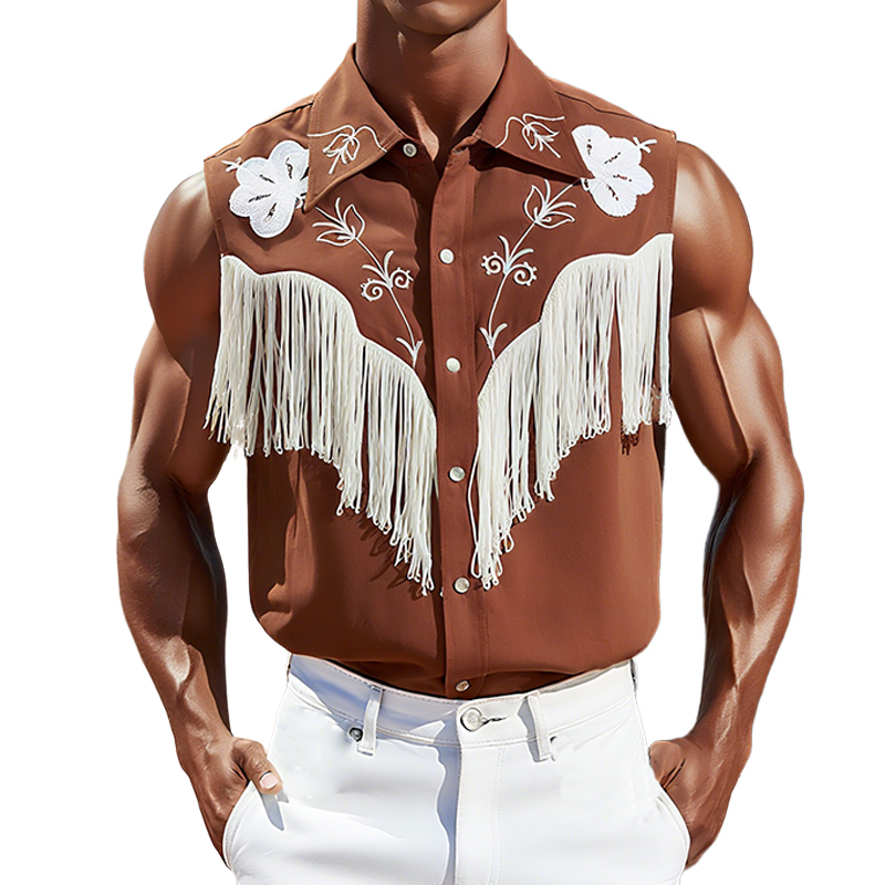 Men's Summer New Casual American Western Style Cotton Blend Embroidered Tassel Slim Sleeveless Shirt MTA1747F5K