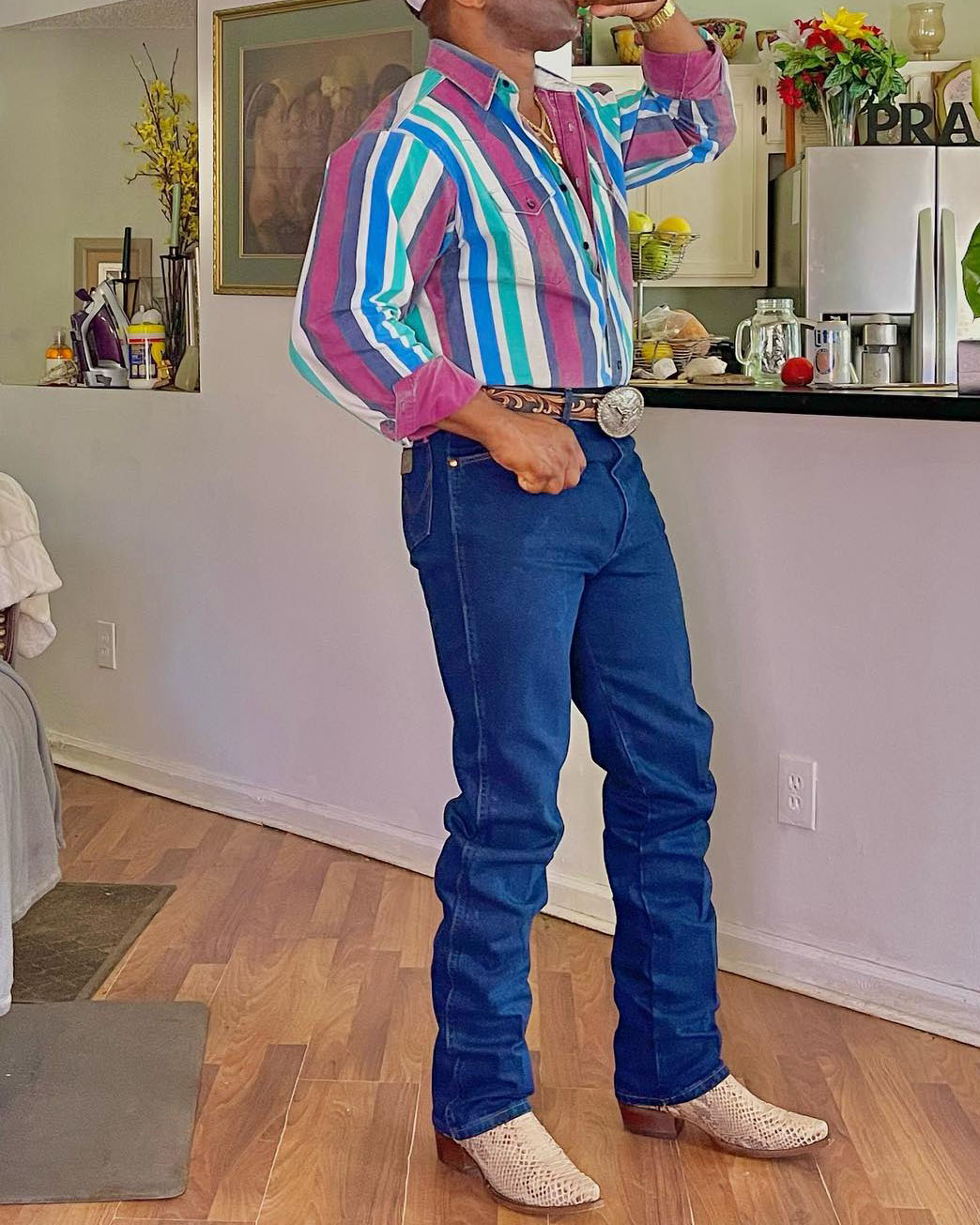 Men's Casual Western Purple Green Striped Long Sleeve Shirt
