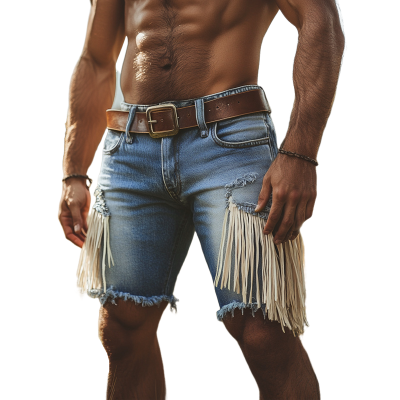 Men's Summer Western Cowboy Style Tassel Denim Shorts MTA1288E0U