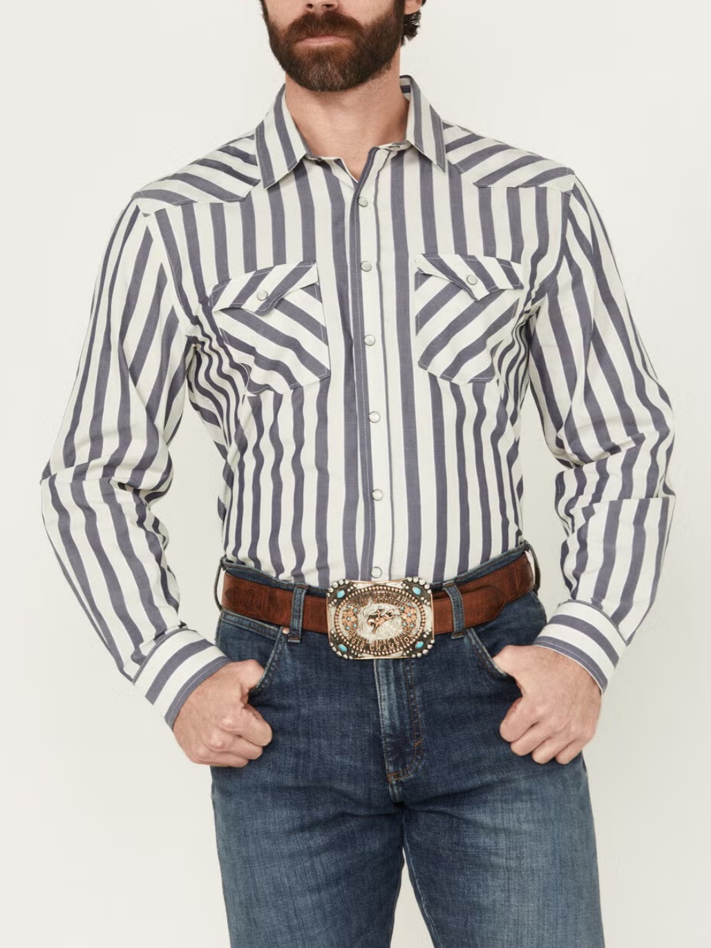 Men's Casual Retro Gray Striped Printed Long Sleeved Lapel Shirt