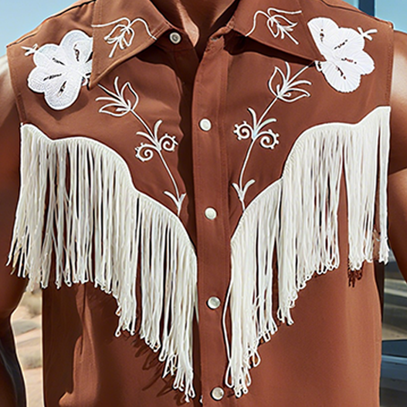 Men's Summer New Casual American Western Style Cotton Blend Embroidered Tassel Slim Sleeveless Shirt MTA1747F5K