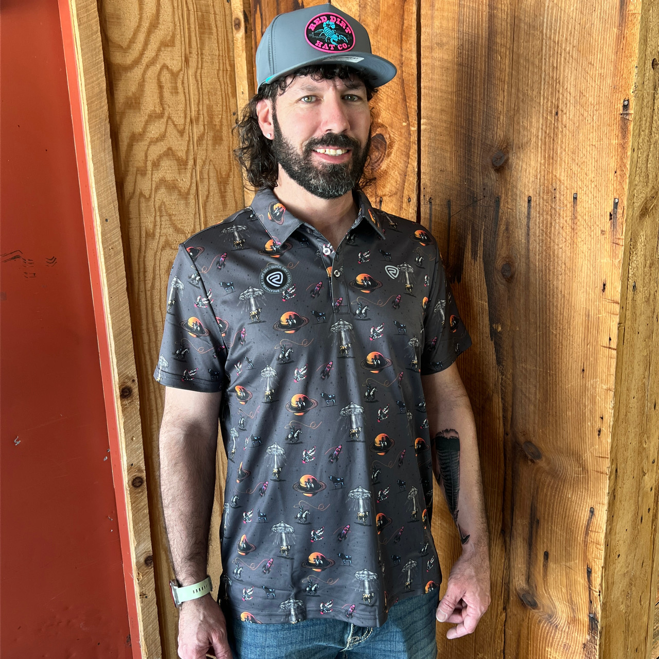 Rock & Roll Men's Space Cowboy Printed Charcoal Polo Shirt