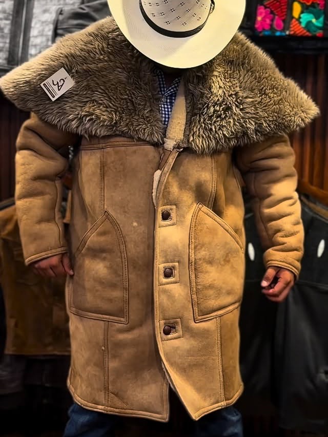 Vintage Shearling Lined Suede Western Coat with Wide Fur Collar
