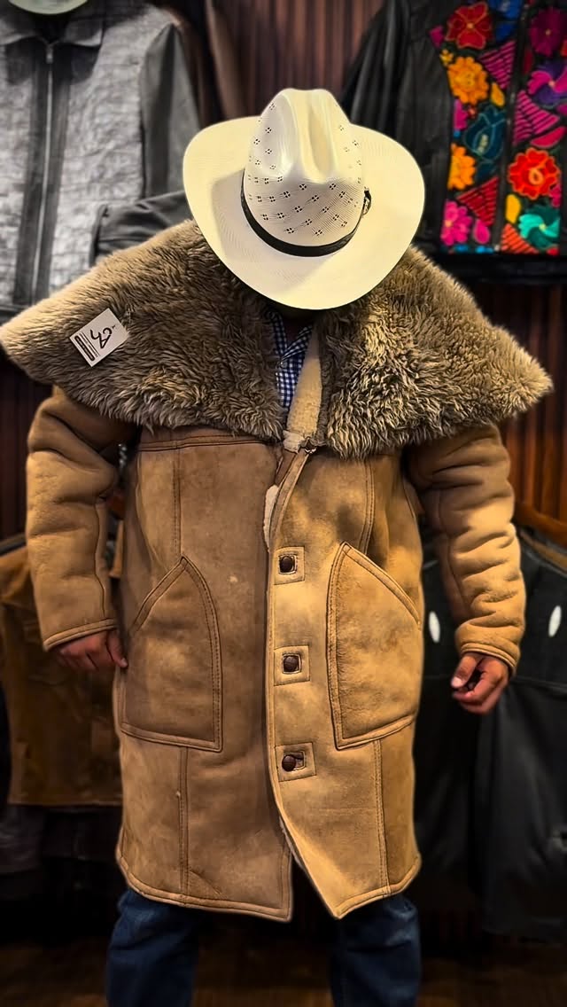 Vintage Shearling Lined Suede Western Coat with Wide Fur Collar