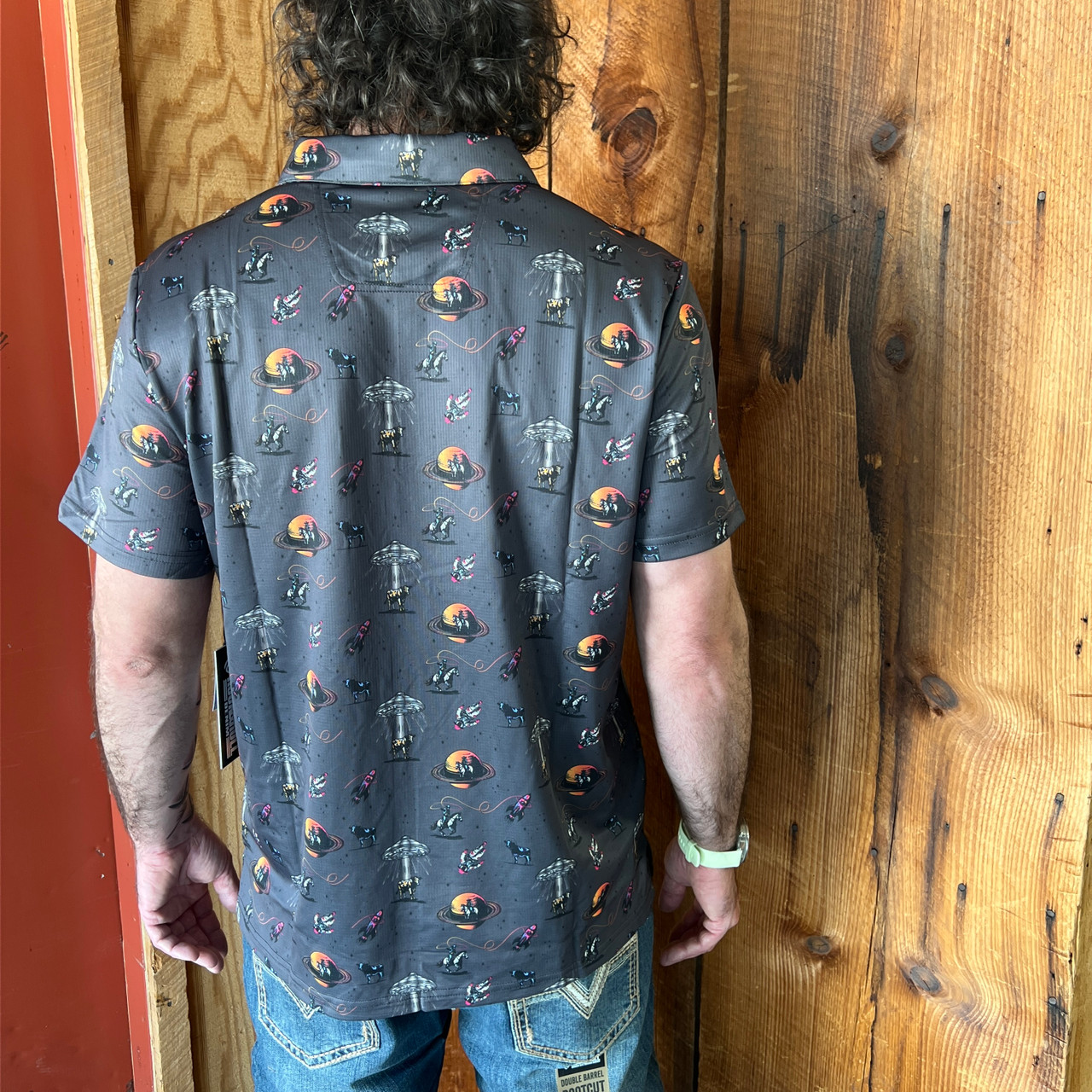 Rock & Roll Men's Space Cowboy Printed Charcoal Polo Shirt