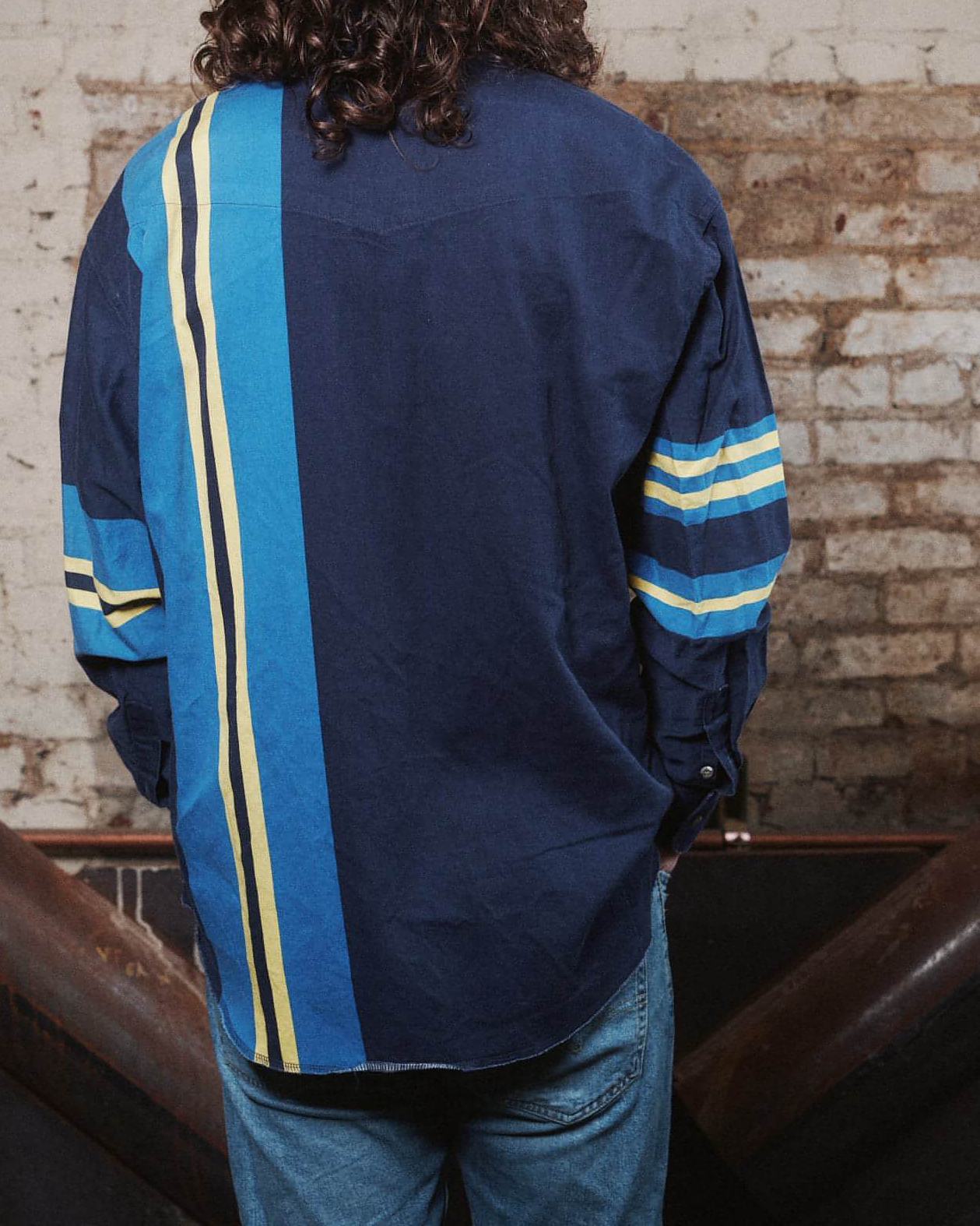 Men's Western Fashion Dark Blue Yellow Striped Long Sleeve Shirt