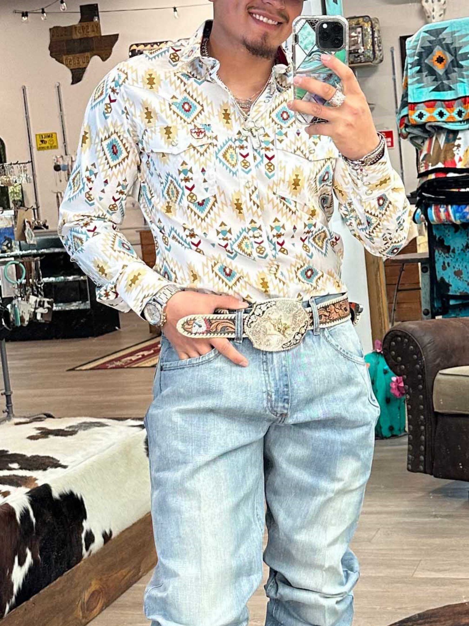 Men's Casual Retro Western Cowboy Stripe Long Sleeve Shirt