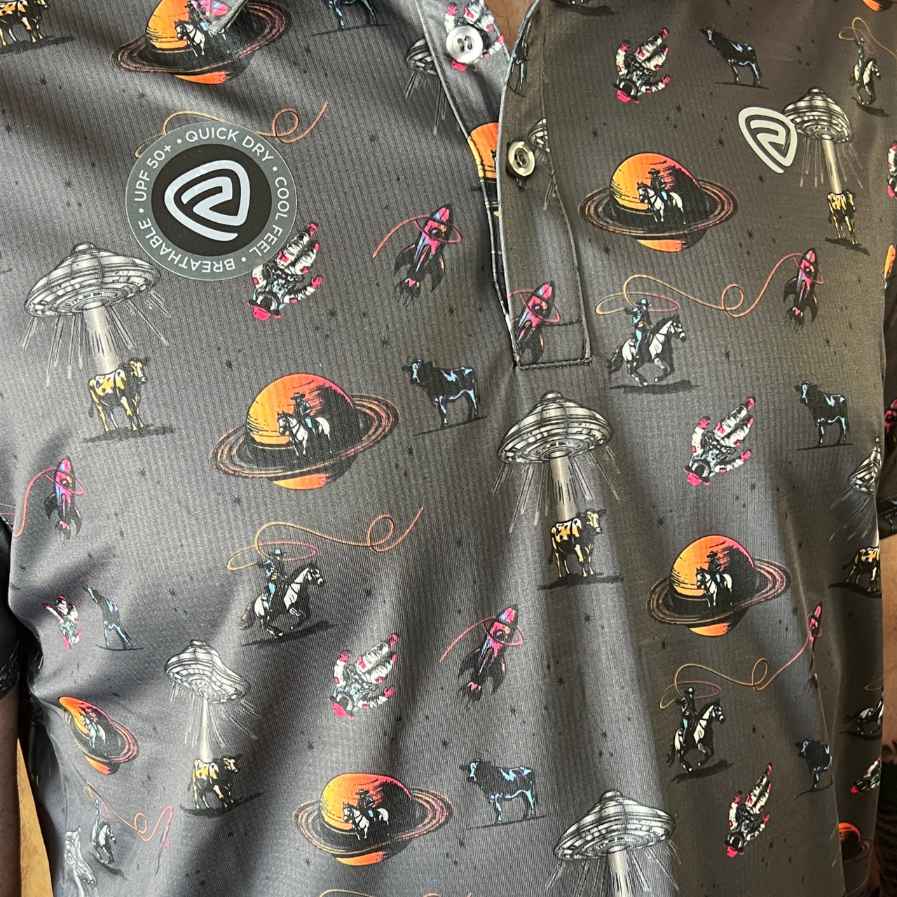 Rock & Roll Men's Space Cowboy Printed Charcoal Polo Shirt