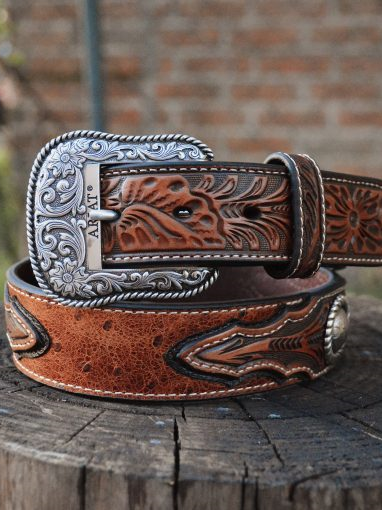 Men’s Print Ostrich Round Concho Leather Belt