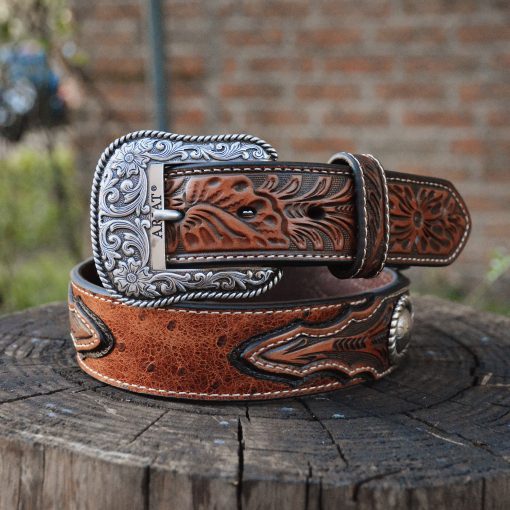 Men’s Print Ostrich Round Concho Leather Belt