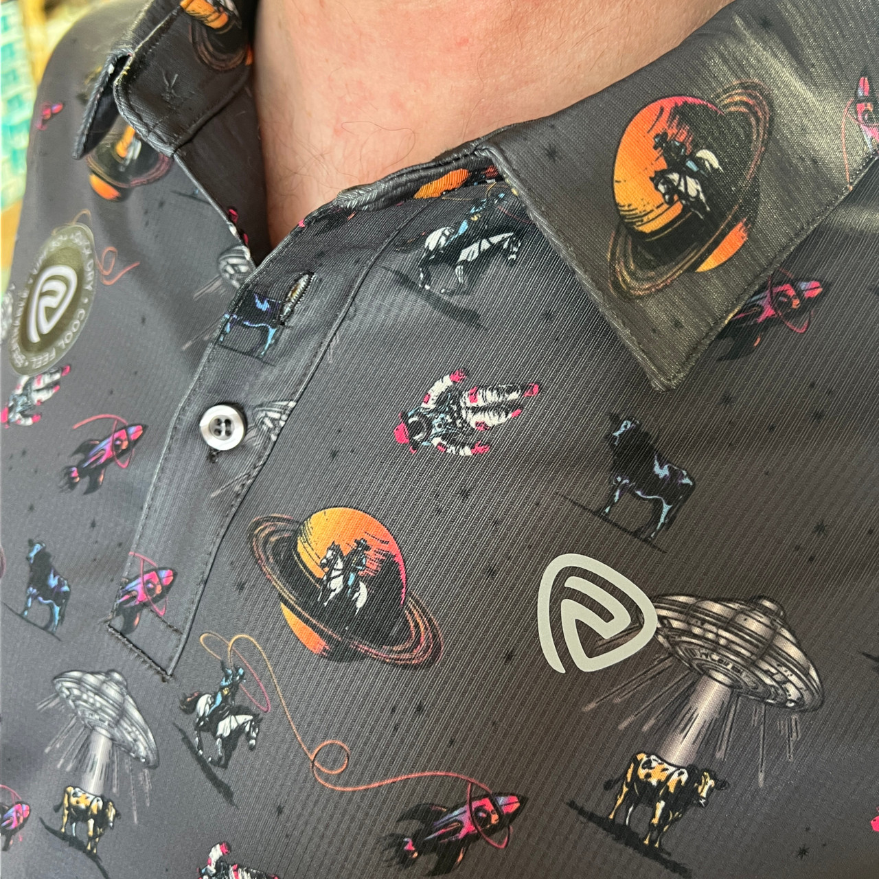 Rock & Roll Men's Space Cowboy Printed Charcoal Polo Shirt