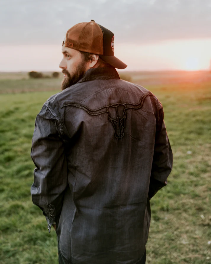 Men'S Vintage Back Embroidered Bull Head Print Shirt