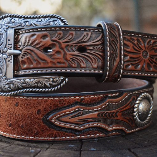 Men’s Print Ostrich Round Concho Leather Belt