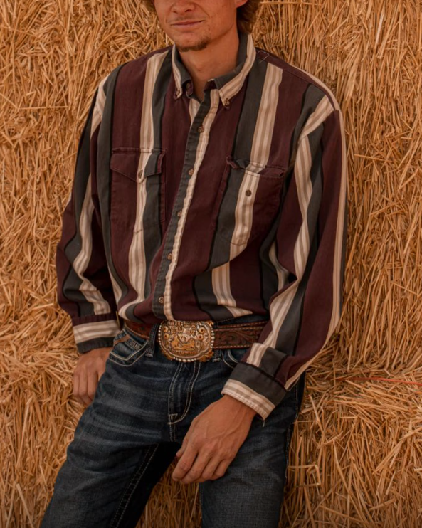 Men's Striped Print Retro Western Fashion Casual Lapel Long Sleeve Shirt