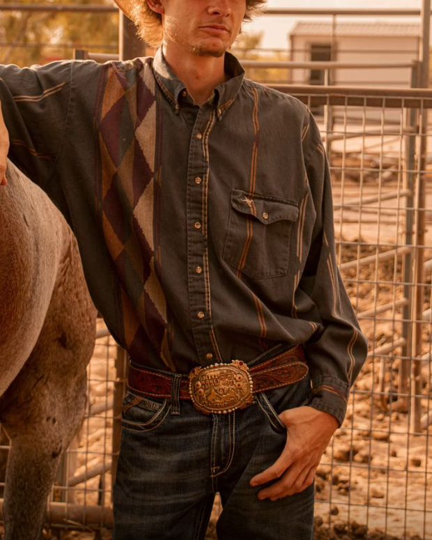 Men's Striped Print Retro Western Fashion Casual Lapel Long Sleeve Shirt