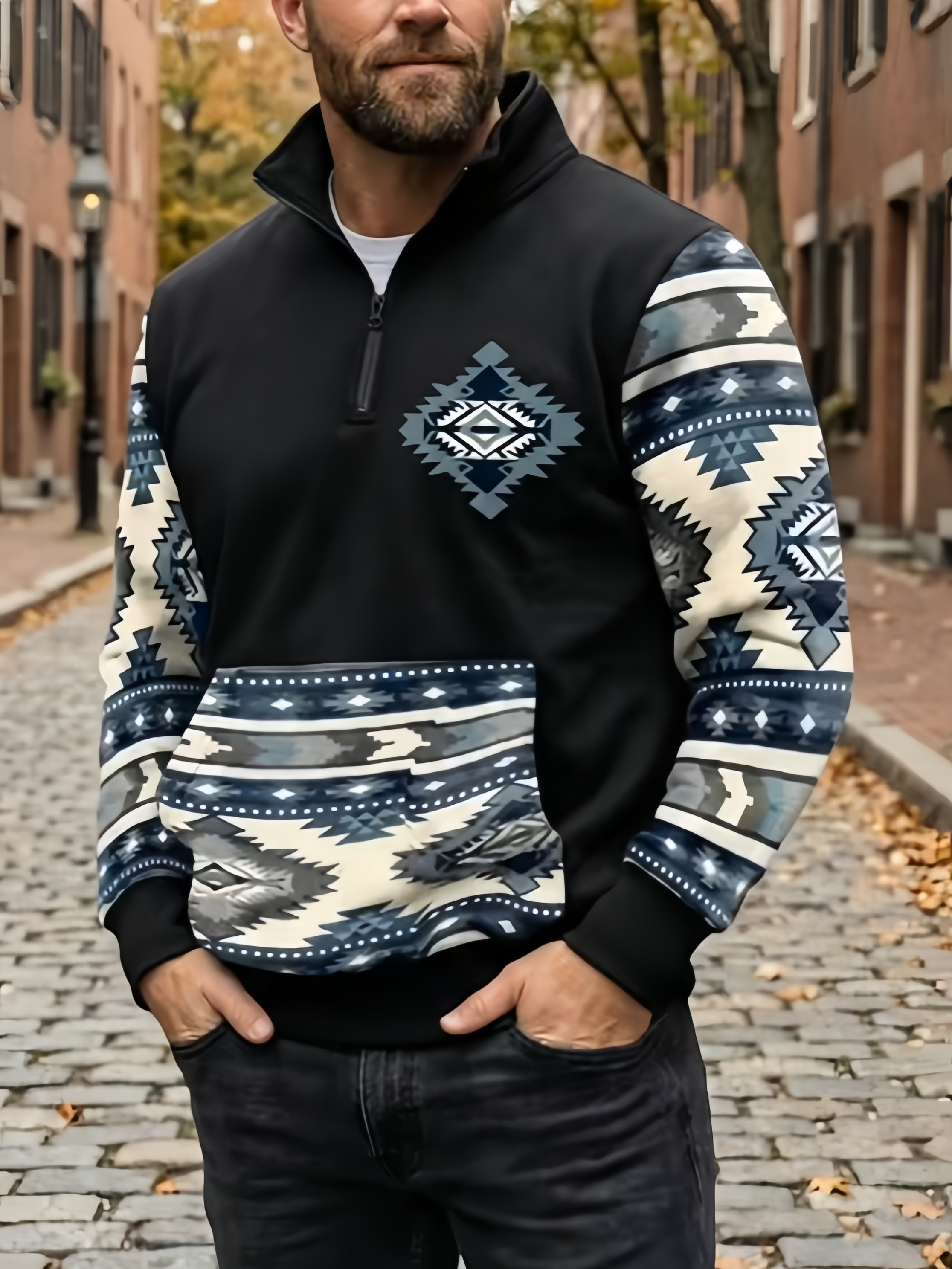 Men's Fleece Southwestern Ethnicity Zipper Hooded 00393