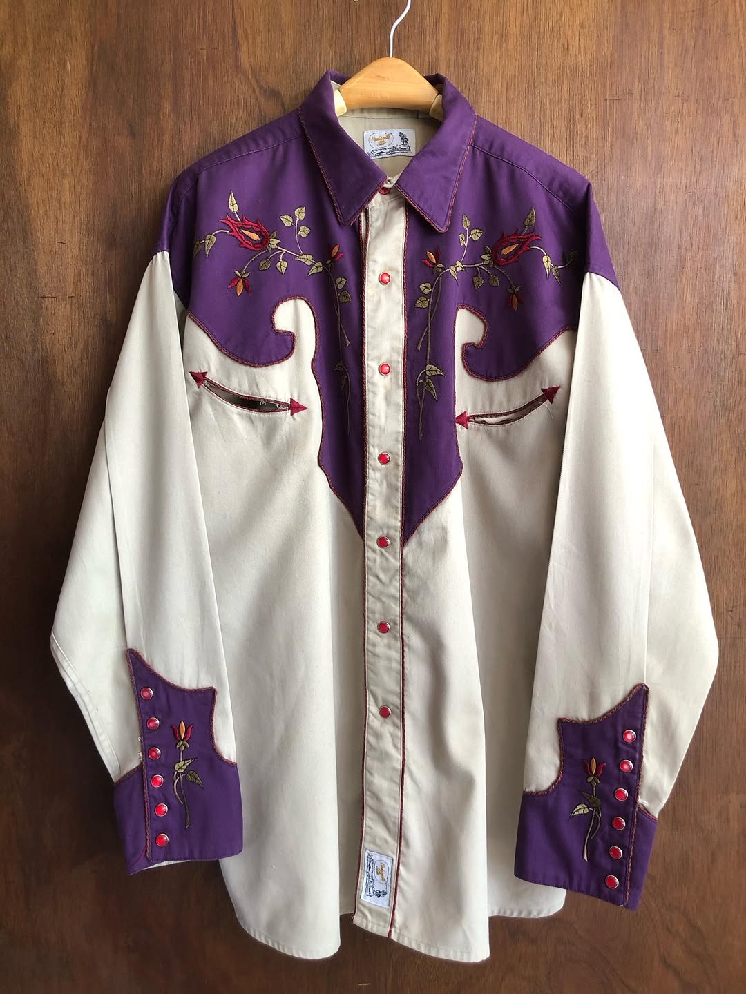 Purple Beige Floral Western Embroidered Shirt