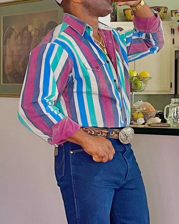 Men's Casual Western Purple Green Striped Long Sleeve Shirt