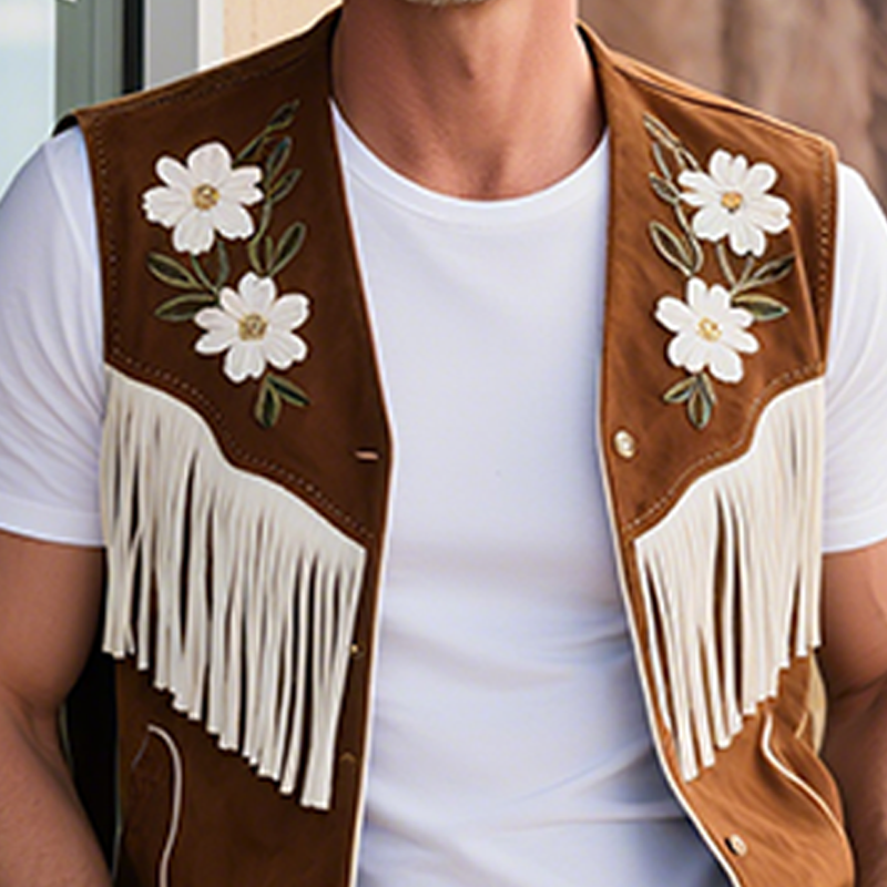 Men's Spring And Summer American Retro Western Style Thin Suede Embroidered Tassel Vest MTA1782F4K