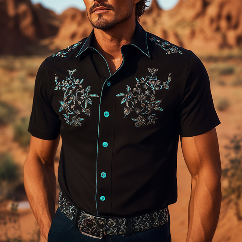 Men's Summer Western Cowboy Style Retro Embroidered Short-Sleeved Shirt MTA2189E4U