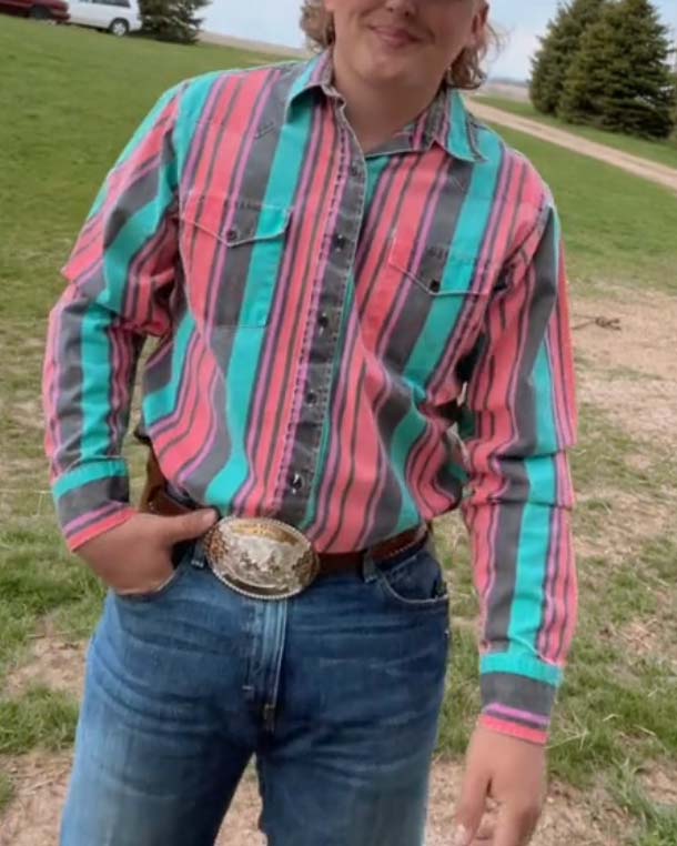 Men's Fashion Western Green and Red Striped Long Sleeve Shirt