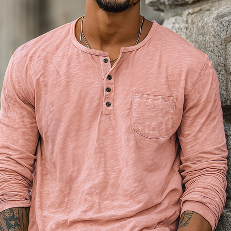 Men's Spring And Summer Casual Tough Style Henry Collar Bamboo Cotton Long Sleeve T-Shirt MTA1676G2K