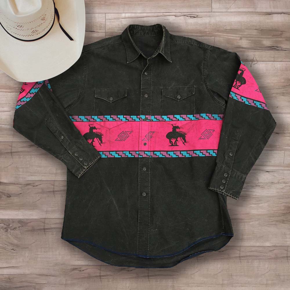 Men's Casual Western Black Animal Print Striped Shirt