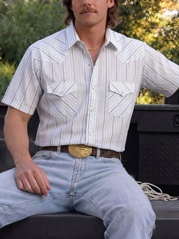 Blue & White Pinstripe Western Yoke Short Sleeve Shirt