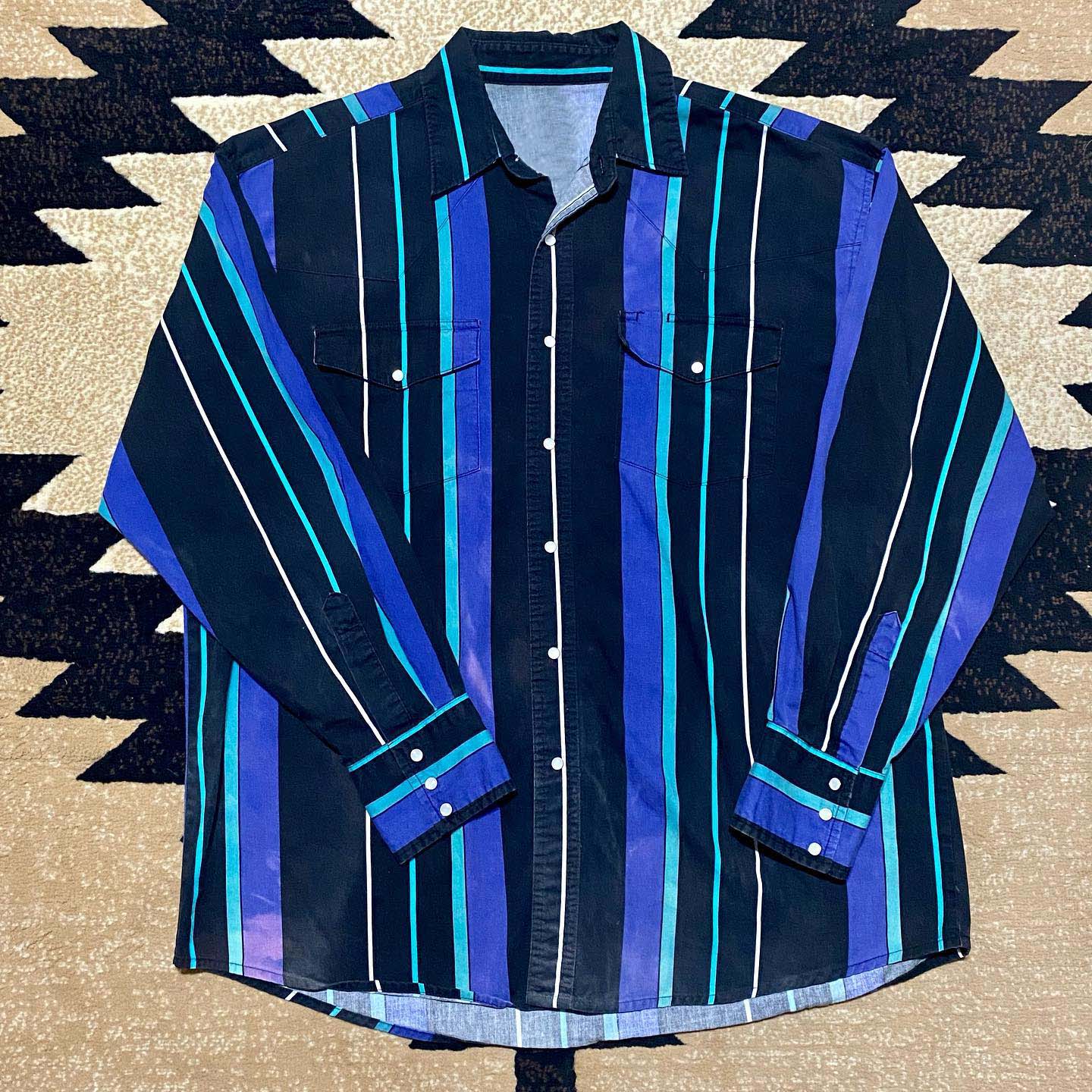 Men's Western Casual Black Blue Striped Long Sleeve Shirt