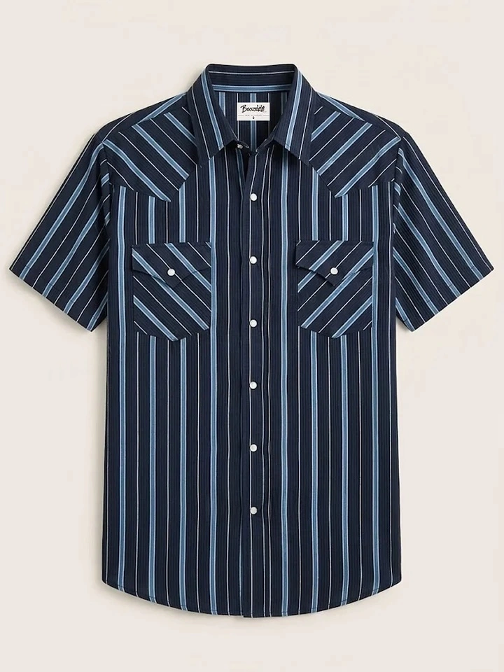 Midnight Blue Contrast Stripe Yoke Design Short Sleeve Shirt